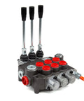 Chief G Series P80 hydraulic directional control valve, 3-spool with black lever handles and red port caps.