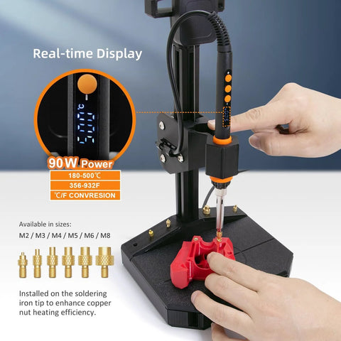 Front view of a vertical heat-set insert tool with a 90W iron installing brass threaded inserts into a red 3D-printed part