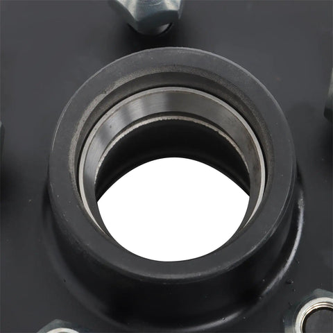 Close-up of 5 Lug 4.5 Inch Trailer Hub Kit With Round 84 Spindle, hub detail showing inner bearings.