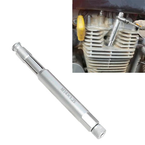 DPTOOL M14x1.25 back-tap thread repair tool, 5.27in, silver metal; inset shows installation in engine cylinder.