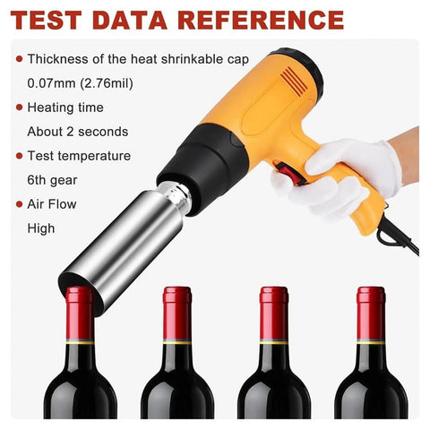Zap A Wine Bottle Heat Shrink Gun For Fast Pvc Capsule Sealing in use, sealing wine bottles with polyvinyl caps.