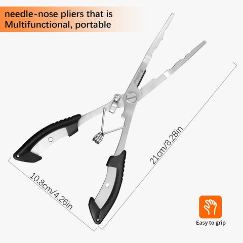 Needle Nose Fishing Pliers With Hook Remover And Lanyard, Stainless Steel Saltwater Multitool, ergonomic ABS handles shown