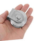 2-Pack Heavy Duty Stainless Steel Pulley Wheels For Sliding Doors And Wire Rope Lifting, held in hand, showing compact size.