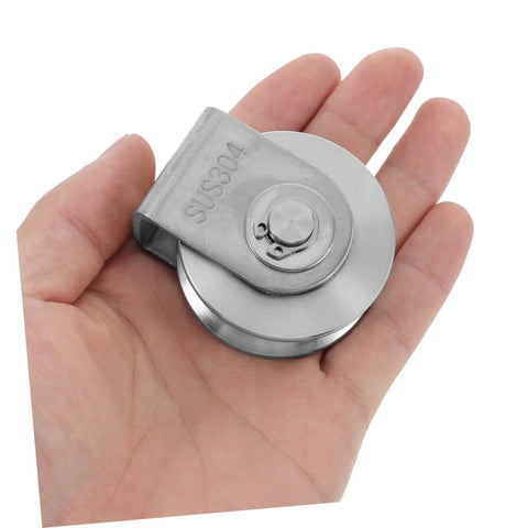 2-Pack Heavy Duty Stainless Steel Pulley Wheels For Sliding Doors And Wire Rope Lifting, held in hand, showing compact size.