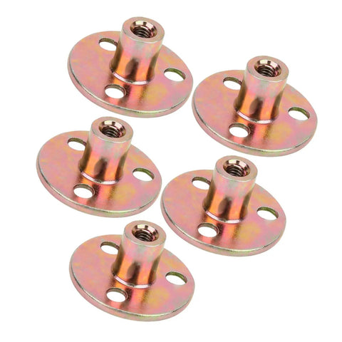 Three Hole Flange Nut With Galvanized Finish M8, Rugged Tee Nut, metal surface, angled view, six pieces arranged symmetrically