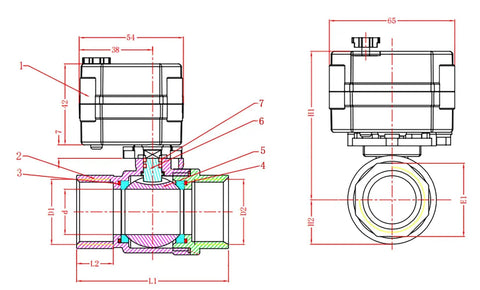 Technical drawing of One Inch DN25 Electric Ball Valve Normally Open Two Wire Control AC DC 9-24V PVC Motorized Valve, side and front views