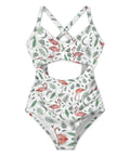 One Piece Women Swimsuit With Removable Padded Cups, Pink Flamingo And Leaves Rash Guard Style, Quick Dry Swimwear, Size X Large