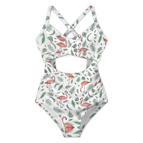 One Piece Women Swimsuit With Removable Padded Cups, Pink Flamingo And Leaves Rash Guard Style, Quick Dry Swimwear, Size X Large