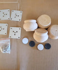 Real Deal Solid Hardwood 2 Inch Round Bun Feet For Furniture Upgrades And DIY Repairs Includes Mounting Plates With Screws Set Of Four, unpainted bun feet and hardware.