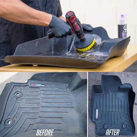 Three Piece Auto Detailing Drill Brush Set used on car mat with before and after cleaning results