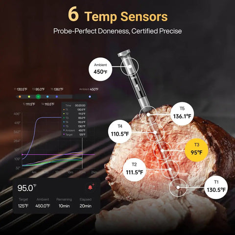 Sync Gold Gen2 Sub 1G Wireless Meat Thermometer With 6 Sensors And LCD Display For Precise Cooking Ultra Reliable Sub 1 GHz Signal Faster Temps Easy Setup And Hands Free Monitoring For Stove Or Grill, 6-probe roast