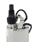 Top view of stainless steel One HP Submersible Sewage and Sump Pump with float switch to handle basement floods and dirty water garden hose attachment