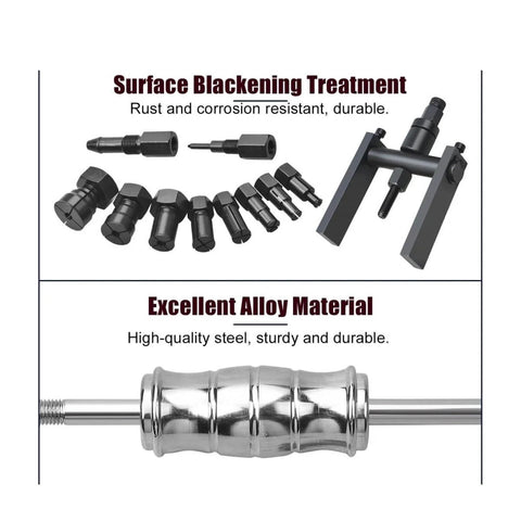12-Piece Motorcycle Blind Bearing Puller Kit 8-25mm With Slide Hammer Pilot Insert Internal Bearing Removal Tool Set For Quick No-Fuss Wheel And Engine Bearing Replacement Fits Most Brands, showcasing tools with surface blackening and alloy finish