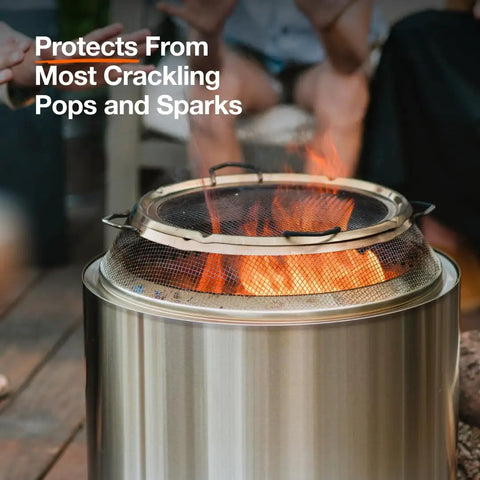 Bonfire Shield Spark Protector Mesh Screen for Fire Pits Durable Stainless Steel Guard showing contained fire sparks