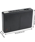 Premium Adjustable DC Ups Battery Backup For Home Routers Modems And Security Cameras With Smart Chip Management and Plug And Play Convenience For Zero Headache Setup, black unit with various ports and size dimensions.