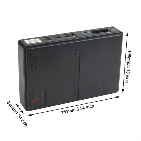 Premium Adjustable DC Ups Battery Backup For Home Routers Modems And Security Cameras With Smart Chip Management and Plug And Play Convenience For Zero Headache Setup, black unit with various ports and size dimensions.