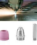 Jiawu Plasma Cutter Consumables Kit With 90 Pieces Featuring 35 Electrodes 35 Nozzles Plus 20 Ceramic Cups showing cutting sparks and three spare parts.