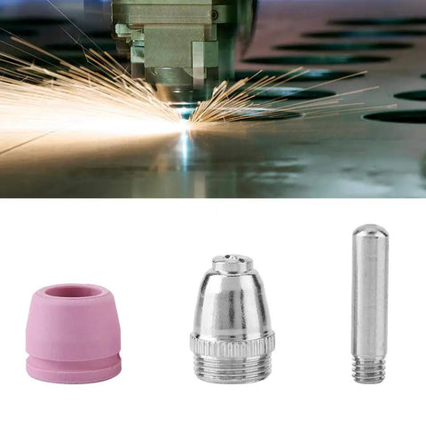 Jiawu Plasma Cutter Consumables Kit With 90 Pieces Featuring 35 Electrodes 35 Nozzles Plus 20 Ceramic Cups showing cutting sparks and three spare parts.