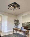 Farmhouse Flush Mount Cage Light With Adjustable Pull Chain, Square Wood Rustic Ceiling Fixture In Black Metal Industrial Style