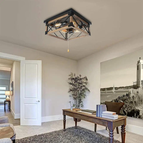 Farmhouse Flush Mount Cage Light With Adjustable Pull Chain, Square Wood Rustic Ceiling Fixture In Black Metal Industrial Style