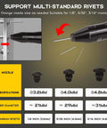 Brushless Electric Rivet Gun Compatible With Dewalt 20V Battery showing different nozzle sizes for seamless metal joining tasks.