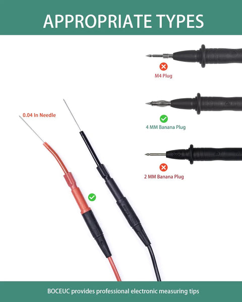 Flexible Back Probe Kit With Ultra Thin 1mm Steel Needles For Tight Car Wiring Access, showing 4mm banana jack compatibility