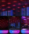USB Star Projector Night Light With Bendable Arm in use for car interior, bedroom, and entertainment space with red glow.
