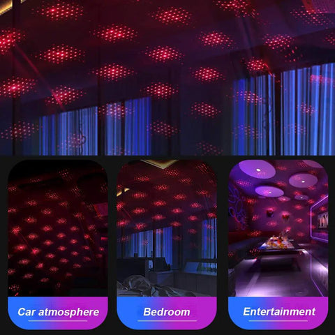 USB Star Projector Night Light With Bendable Arm in use for car interior, bedroom, and entertainment space with red glow.