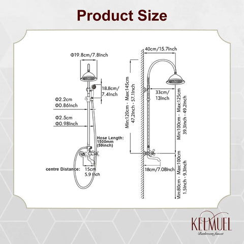 Oil Rubbed Bronze Exposed Pipe Shower System with dimensions; 8 Inch Rainfall Round Head, Wall Mount Mixer, Tub Spout details.