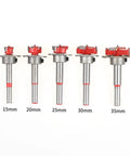 Adjustable Forstner Wood Drill Bits 5 Piece Carbide Tipped Set No Sweat Boring For Cabinet Hinges, 15-35mm sizes visible.