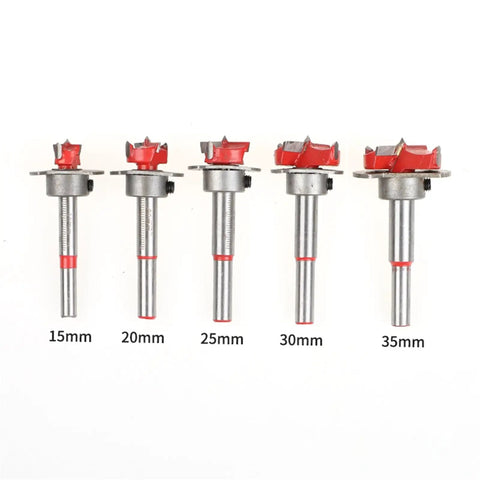 Adjustable Forstner Wood Drill Bits 5 Piece Carbide Tipped Set No Sweat Boring For Cabinet Hinges, 15-35mm sizes visible.