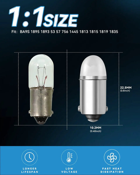 Comparison of traditional bulb with Green Ba9s Led Bulb 12V Bi Polar DC AC compatible for various car lights, dimensions shown