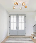 Five Light Matte White Sputnik Ceiling Light Fixture With Wood Band Accents Semi Flush Mount in entryway setting