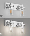 Two Light Chrome Vanity Light Fixture With Clear Glass Shades Stainless Steel Bathroom Wall Sconce with on and off view