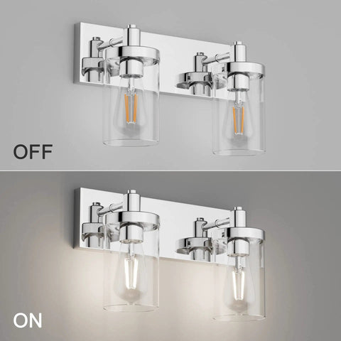 Two Light Chrome Vanity Light Fixture With Clear Glass Shades Stainless Steel Bathroom Wall Sconce with on and off view