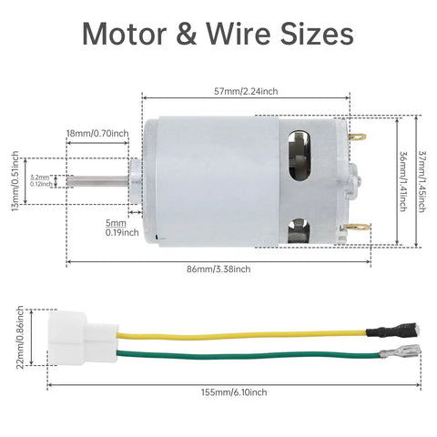 Two Pack 24V DC Motors, 25,000 RPM High Speed Drive Motors for Kid's Ride On Cars, size dimensions and wire diagram