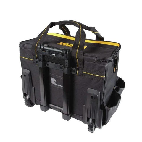 Lighted Roller Tool Bag With Built In LED Lights Heavy Duty Wheels Telescoping Handle Magnetic Folding Zipper Top Rear View