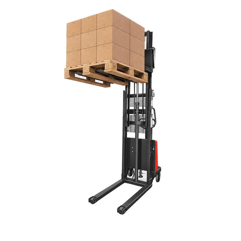 Heavy Duty 3550 Lbs Electric Pallet Stacker With 94 Inch Lift Height And Powerful Motor lifting stacked boxes on a pallet.