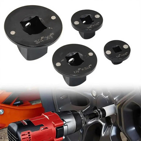 Complete 4-Piece Impact Socket Adapter Set With Magnetic Drive Ratchet Converter Kit For Tight Spaces, Covers 1/4 To 3/8 And Up To 1 Inch Cr-Mo Steel Automotive Repair Tools You Need Now, black impact socket adapters in use on a wheel lug