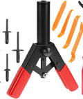 Pro Grade Hand Riveter Kit With 156 Pcs Plastic Rivet Gun Set showing riveter, nylon rivets, and fastener tools.