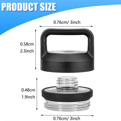 Chug Cap Replacement For Rambler Bottle Fits 18Oz 26Oz 36Oz 46Oz 64Oz Models, Easy Twist Triple Handle Screw Top Lid, Spill Proof Sports Water Bottle Accessory Not For Hydro Flask, shown with product dimensions highlighted.