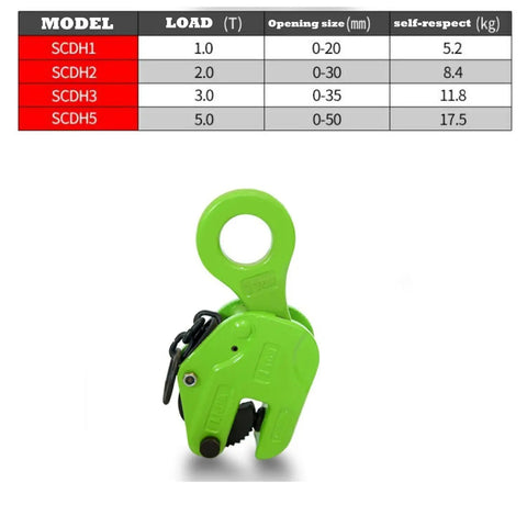 Heavy Duty Vertical Plate Clamp 5 Ton 11000 Lbs green steel lifter with handle for lifting and rigging metal sheets.