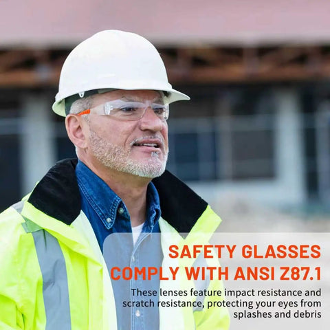 Heavy Duty Wraparound Safety Glasses Featuring Anti Fog Lens And Ansi Z87.1 Certification worn by a worker in safety gear outdoors.