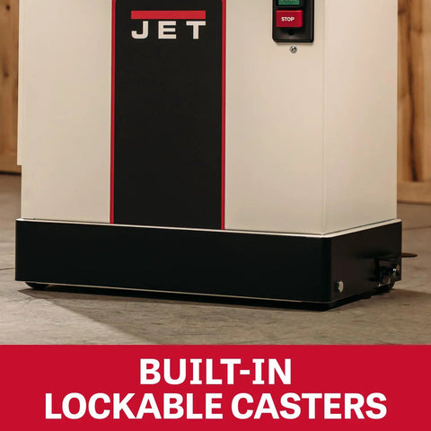 Heavy Duty 13 Inch Planer And Molder Combo For Woodworking Built Like A Tank One Point Five Horsepower Motor showing built-in lockable casters.