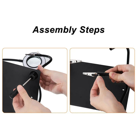Hands assembling soldering helping hands with 3X magnifying glass, magnetic base stand, and rotatable alligator clips.