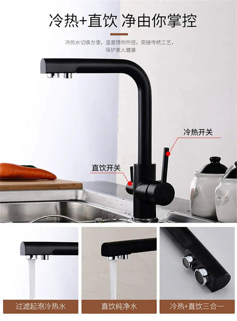 Black Kitchen Faucet with 360° SwivelDual Handle Water Filter TapDeck-Mounted Mixer with Aerator3-Way Design for Clean Drinking WaterAusious Clouds LWX showing dual handle and water spout.