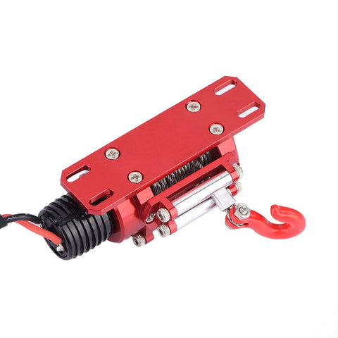 Solid Metal Electric Winch For 10 Scale RC Crawler D90 D110 TF2 KM2 With Realistic CNC Machine Look, featuring red metal casing and hook.