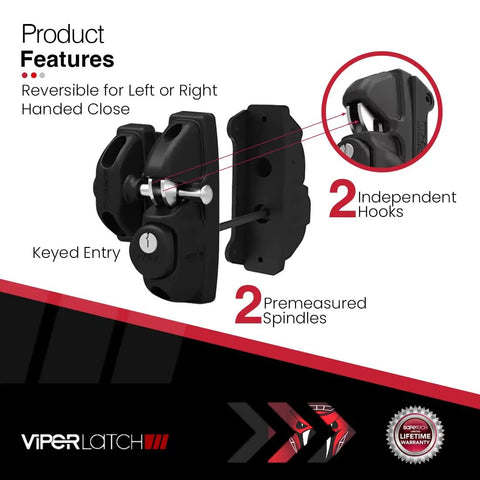 Two Way Gravity Gate Latch With Dual Side Entry And Keyed Locks On Both Sides For Vinyl Wood And Aluminum Gates Independent Latching Hooks Privacy Gate Catch No Fuss Install Weatherproof Outdoor Fence Hardware Black showing keyed entry and spindle features