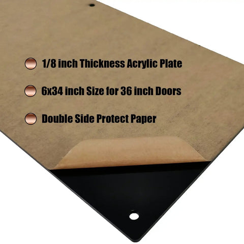 Protective Acrylic Door Kick Plate with paper cover, 1/8 inch thick, shown for 36 inch doors, highlighting protective features.