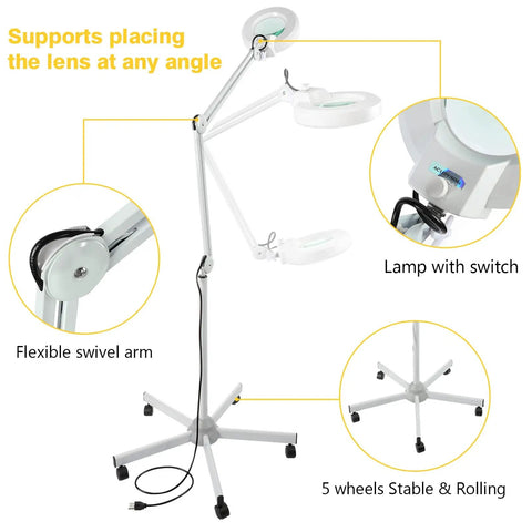 5X Magnifying Glass With Light And Rolling Stand Pro Grade 8 Diopter Real Glass Lens; shows flexible arm and stable 5-wheel base.